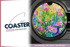 Watercolor Floral Field in a Round Car Coaster Png Product Image 1