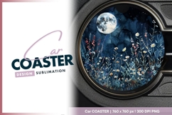 Watercolor Moonlit Night Scene with Round Car Coaster Png Product Image 1