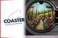 Whimsical Garden Scene with Stone Path Round Car Coaster Png Product Image 1