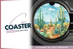 Watercolor Cactus Landscape Illustration Round Car Coaster Product Image 1