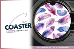 Watercolor Feathers in Purple Pink and Round Car Coaster Png Product Image 1