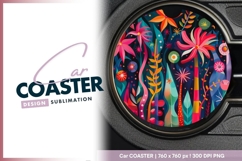 Colorful Floral Illustration in a Round Car Coaster Product Image 1