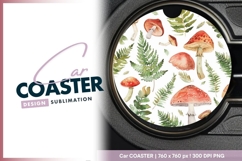 Watercolor Illustration of Mushrooms and Round Car Coaster Product Image 1