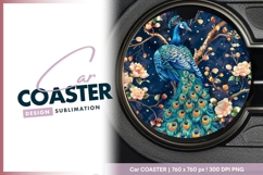 Watercolor Peacock Illustration on Dark Round Car Coaster Product Image 1