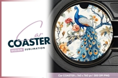 Watercolor Peacock on Branch with Flowers Round Car Coaster Product Image 1