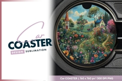 Whimsical Garden Scene with Cottages Round Car Coaster Png Product Image 1