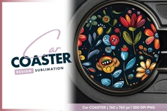 Colorful Floral Pattern on Dark Background Round Car Coaster Product Image 1