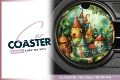 Whimsical Village of Colorful Houses in Round Car Coaster Product Image 1