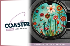 Colorful stylized flowers on a teal Round Car Coaster Png Product Image 1