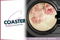 Pink peonies on aged paper background round car coaster Product Image 1