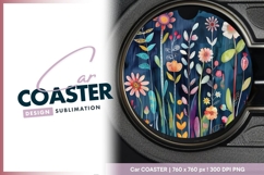 Colorful Floral Illustration on Dark Blue Round Car Coaster Product Image 1