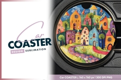 Whimsical Round Illustration of Colorful Round Car Coaster Product Image 1