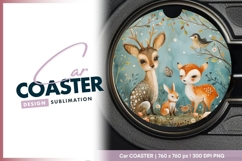Whimsical Deer Fawn Bunny and Bird Round Car Coaster Product Image 1