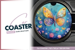 Colorful Butterfly Illustration with Round Car Coaster Png Product Image 1