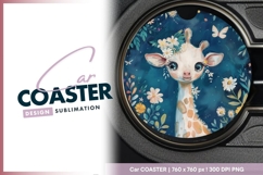 Adorable Giraffe Illustration with Flowers Round Car Coaster Product Image 1