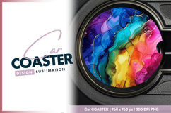 Colorful alcohol ink gold accents round car coaster Product Image 1