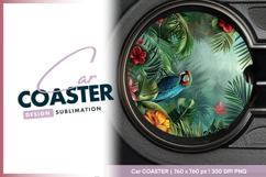 Parrot in lush tropical floral paradise round car coaster Product Image 1