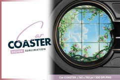 Floral window view on a sunny day round car coaster Product Image 1