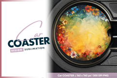 Watercolor floral border background round car coaster Product Image 1
