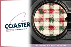 Red plaid pattern with pine sprigs round car coaster Product Image 1
