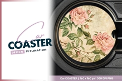 Vintage style pink roses with buds and round car coaster Product Image 1