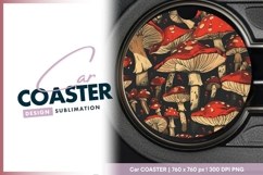 Red and Beige Mushrooms on Black Round Car Coaster Png Product Image 1