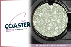 Floral Pattern White Flowers on Green Round Car Coaster Png Product Image 1