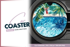 Watercolor Pool Scene with Palm Trees and Round Car Coaster Product Image 1
