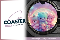 Three Pastel Teddy Bears with Rainbow Round Car Coaster Png Product Image 1