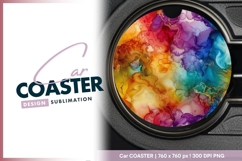 Colorful Abstract Alcohol Ink Art Round Car Coaster Design Product Image 1