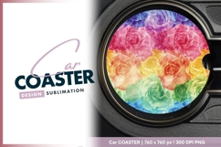 Rainbow gradient roses background round car coaster png Product Image 1