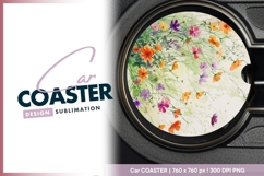 Watercolor meadow of wildflowers round car coaster png Product Image 1