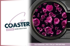 Pink Bubbles Floating on Black Background Round Car Coaster Product Image 1