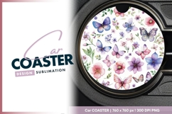 Watercolor Butterflies and Flowers Round Car Coaster Png Product Image 1