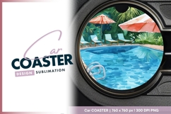 Watercolor Pool Scene with Umbrellas Round Car Coaster Product Image 1