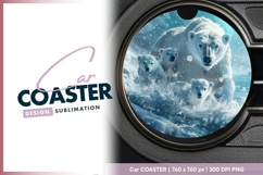 Polar Bear Family in Water Illustration Round Car Coaster Product Image 1
