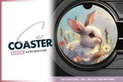 White Rabbit in a Floral Field Round Car Coaster Png Product Image 1