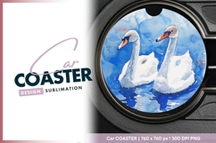 Watercolor Illustration of Two White Swans Round Car Coaster Product Image 1