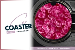 Pink Bubbles on Red Background Round Car Coaster Png Product Image 1