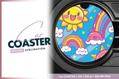 Cartoon Sun Rainbows Clouds Stars on a Round Car Coaster Png Product Image 1