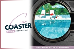 Watercolor Pool Scene with Lounge Chairs Round Car Coaster Product Image 1