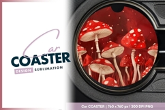 Red and White Mushroom Illustration in a Round Car Coaster Product Image 1