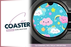 Cartoon Clouds Stars Rainbows and Moons Round Car Coaster Product Image 1