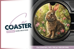 Brown Rabbit in a Floral Meadow Round Car Coaster Product Image 1