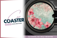 Pink cherry blossom on grunge aqua background car coaster Product Image 1