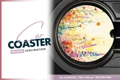 Watercolor meadow flowers circular design round car coaster Product Image 1