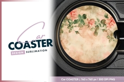 Vintage roses on distressed background round car coaster Product Image 1