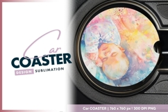 Watercolor painting of sleeping baby on round car coaster Product Image 1