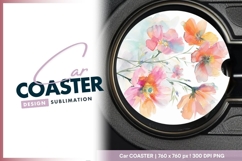 Watercolor floral design round car coaster png Product Image 1