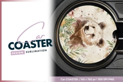 Watercolor bear portrait framed by floral round car coaster Product Image 1